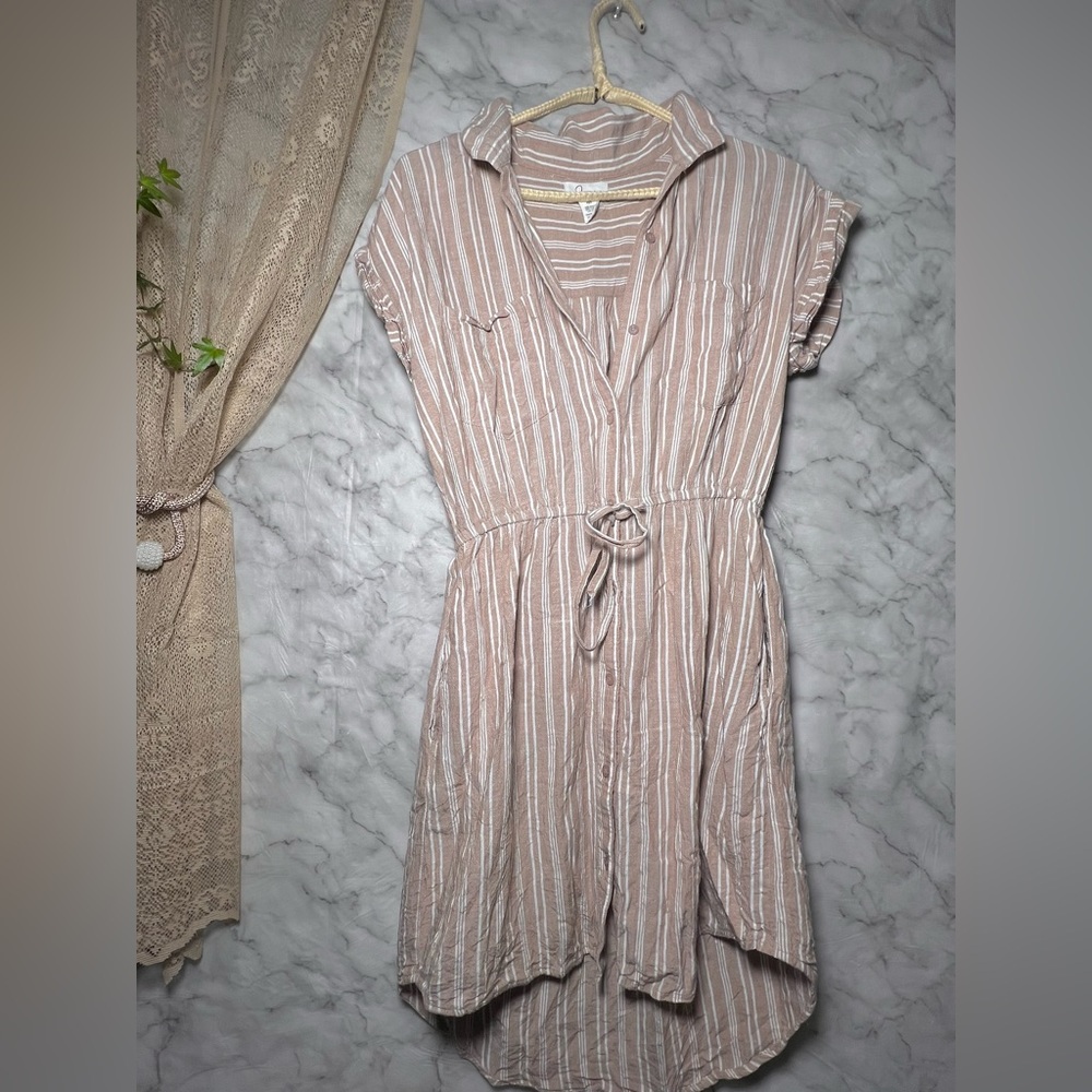 Linen Cotton Blend Taupe Cream Verticle Stripe Tie Shirt Dress Pockets M Resort